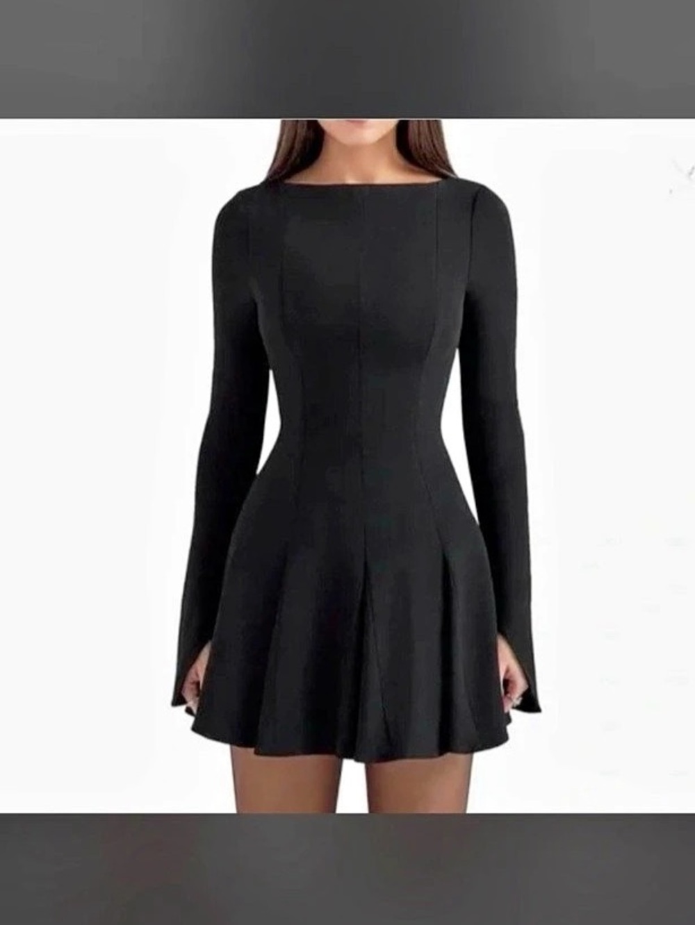 House of CB Francesca Black Stretch Crepe Godet Long Sleeve Mini Dress